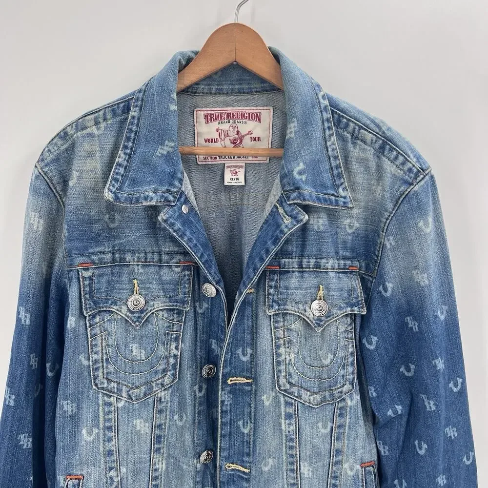 True Religion Monogram Blue Denim Trucker Jacket Mens Size XL